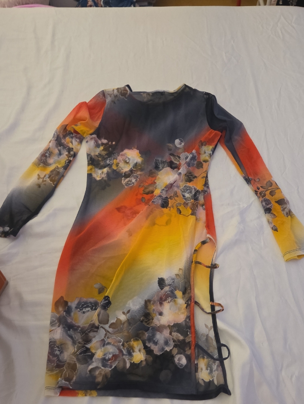 Fashion Nova Yellow Orange Black Floral Ombre Long-Sleeve Bodycon Dress